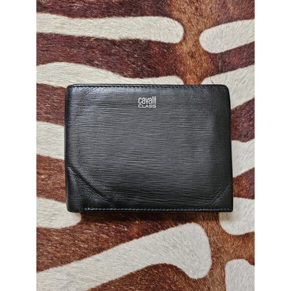 Cavalli Class Men's Black Logo Print Textured Leather Bifold Wallet - Picture 1 of 7
